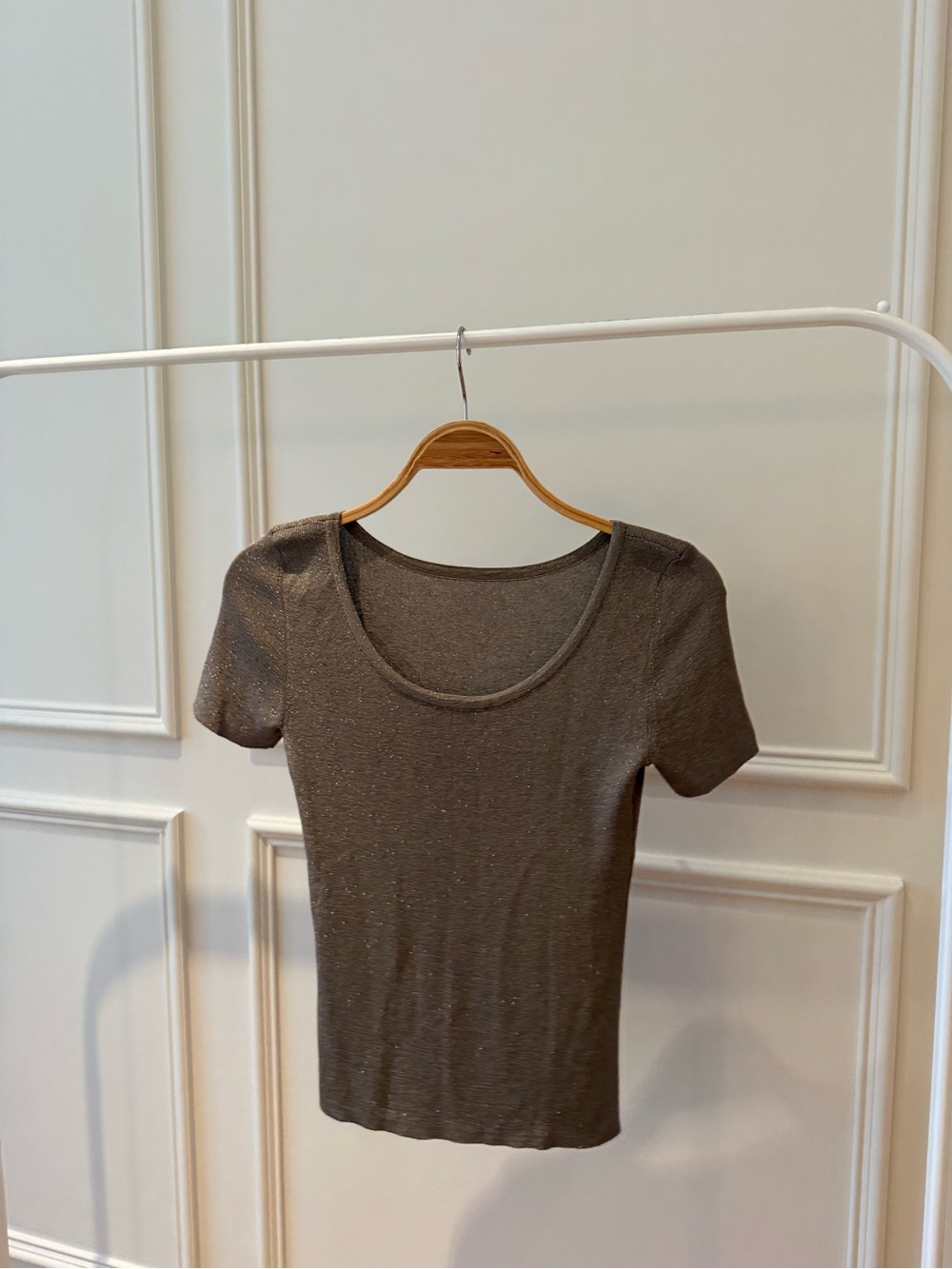 MaxMara Metallic Scoop Neck Short Sleeve Top in Charcoal